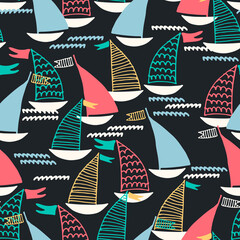 Seamless pattern with hand drawn sailing boats and waves on dark background for surface design and other design projects. Sailing and fishing concept