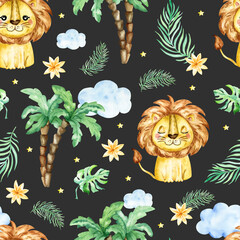seamless tropical pattern with a lion. Watercolor cartoon lion savanna animal illustration. Jungle savannah tropical exotic summer print.