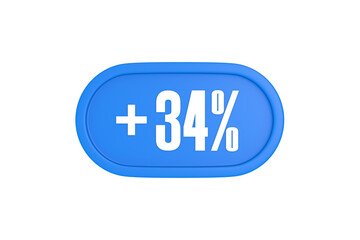 34 Percent increase 3d sign in light blue color isolated on white background, 3d illustration.