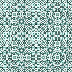 Seamless Green Cell pattern in Scandinavian, Nordic style. Ethnic, tribal background. Pixel design. Abstract embroidery.