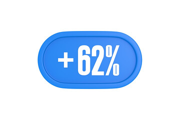 62 Percent increase 3d sign in light blue color isolated on white background, 3d illustration.
