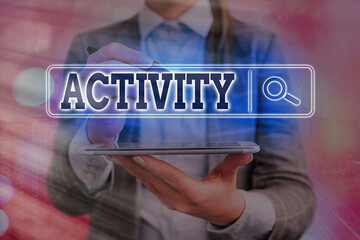 Writing note showing Activity. Business concept for the condition where many things are happening...