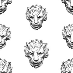 Seamless background of ancient architectural detail in shape of lion head