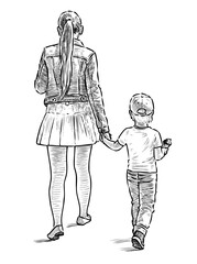 Sketch of young mother with her little son walking on a stroll