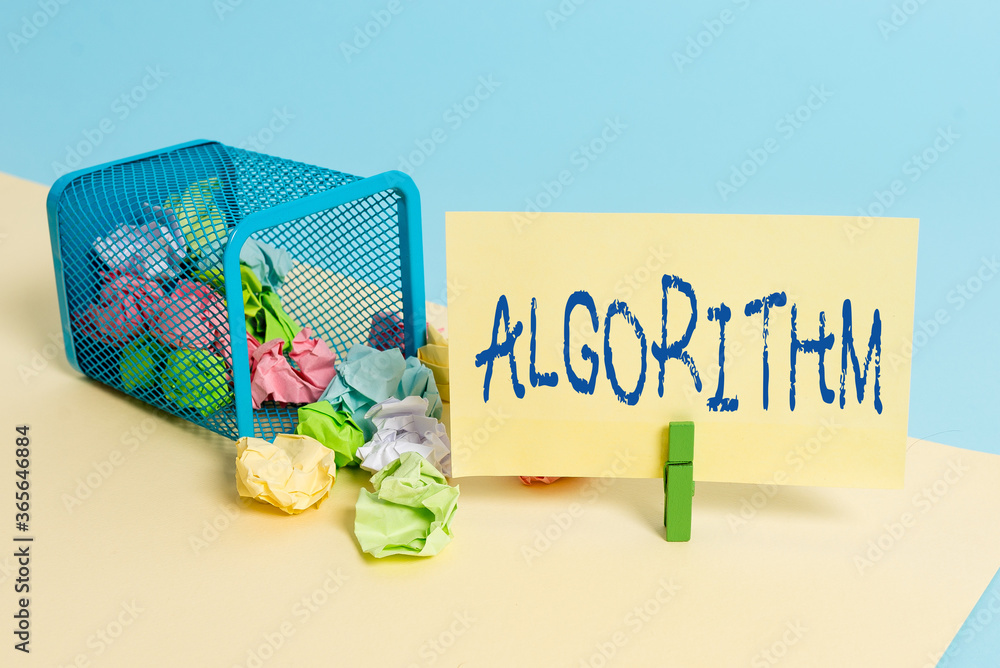 Poster Handwriting text writing Algorithm. Conceptual photo a method or set of rules for calculations or other problem solving Trash bin crumpled paper clothespin empty reminder office supplies tipped