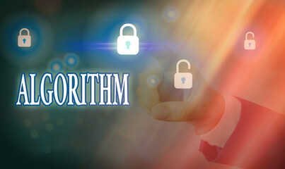 Handwriting text writing Algorithm. Conceptual photo a method or set of rules for calculations or other problem solving Graphics padlock for web data information security application system