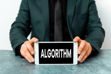 Word writing text Algorithm. Business photo showcasing a method or set of rules for calculations or other problem solving Model displaying black screen modern smartphone mock-up for personal interest