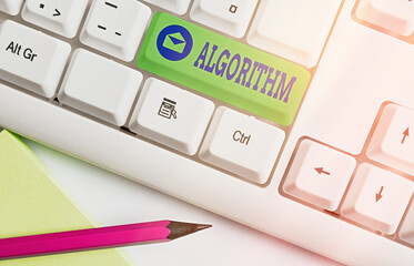 Text sign showing Algorithm. Business photo showcasing a method or set of rules for calculations or other problem solving Different colored keyboard key with accessories arranged on empty copy space