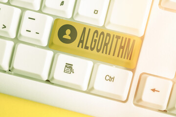 Word writing text Algorithm. Business photo showcasing a method or set of rules for calculations or other problem solving Different colored keyboard key with accessories arranged on empty copy space