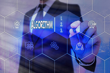 Conceptual hand writing showing Algorithm. Concept meaning a method or set of rules for calculations or other problem solving Grids and different icons latest digital technology concept