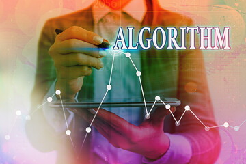 Writing note showing Algorithm. Business concept for a method or set of rules for calculations or other problem solving Arrow symbol going upward showing significant achievement