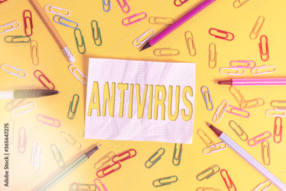 Poster writing note showing antivirus. business concept for suitable for the detection and removal of compu