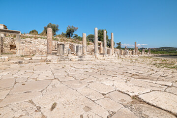 Patara (Pttra). Ruins of the ancient Lycian city Patara. Amphi-theatre and the assembly hall of Lycia public. Patara was at the Lycia (Lycian) League's capital. Aerial view shooting. Antalya, TURKEY