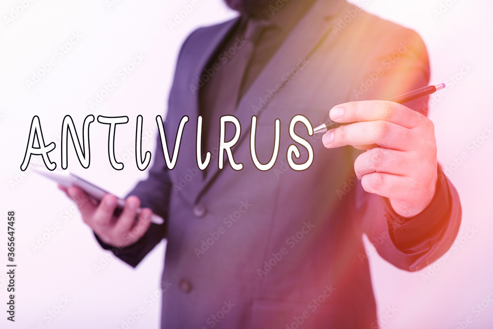 Aufkleber handwriting text writing antivirus. conceptual photo suitable for the detection and removal of compu