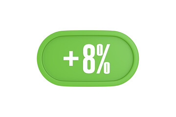 8 Percent increase 3d sign in light green color isolated on white background, 3d illustration.