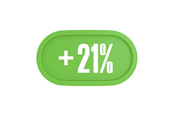 21 Percent increase 3d sign in light green color isolated on white background, 3d illustration.