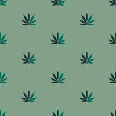 Weed Marijuana cannabis leaves. Seamless vector illustration isolated on green background.