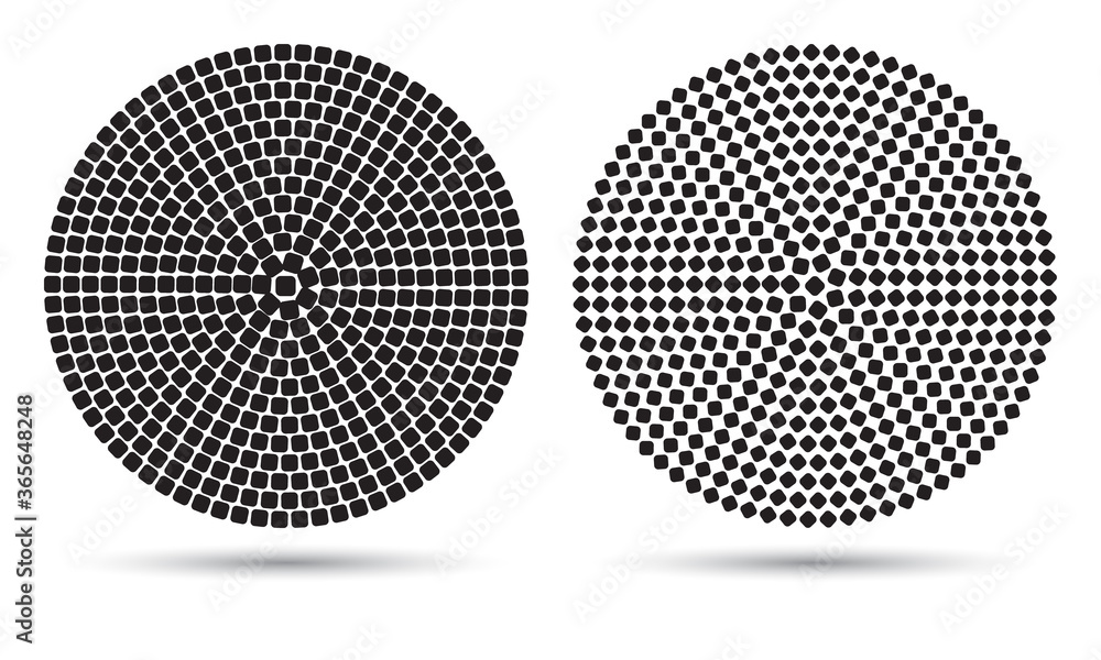 Poster modern abstract background with halftone rectangles in circle form. round logo. vector dotted frame.
