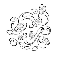 ornament 1231. several blooming stylized flowers on stems with leaves and curls in black lines on a white background