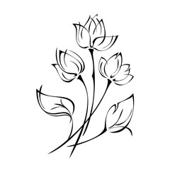 ornament 1232. bouquet of three stylized flowers on stems with leaves in black lines on a white background