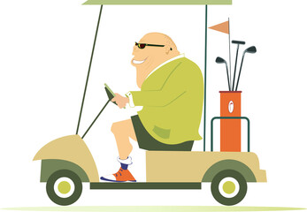 Comic golfer man in the golf cart illustration. Cartoon smiling fat bald-headed man in sunglasses is going to play golf in the golf cart isolated on white
