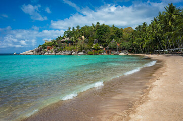 Tropical island paradise turquoise clear water at Sairee beach on Koh Tao, Thailand
