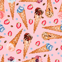 ice cream in a waffle horn. seamless watercolor pattern. pink background