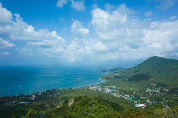 Tropical island in Thailand. View of Sairee village from West Coast Viewpoint Koh Tao