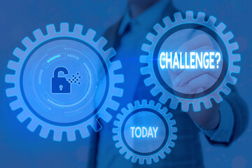 Writing note showing Challenge Question. Business concept for Invitation to engage in a race in...
