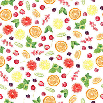 seamless pattern with fruit slices on a white background. watercolor drawing.