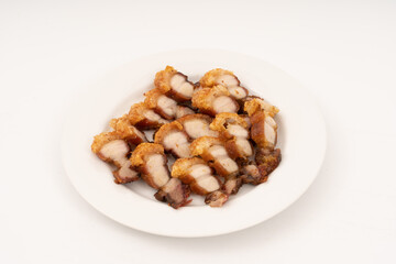 Crispy Pork, roast pork. Slice of Crispy pork Belly on white background. famous chinese food.