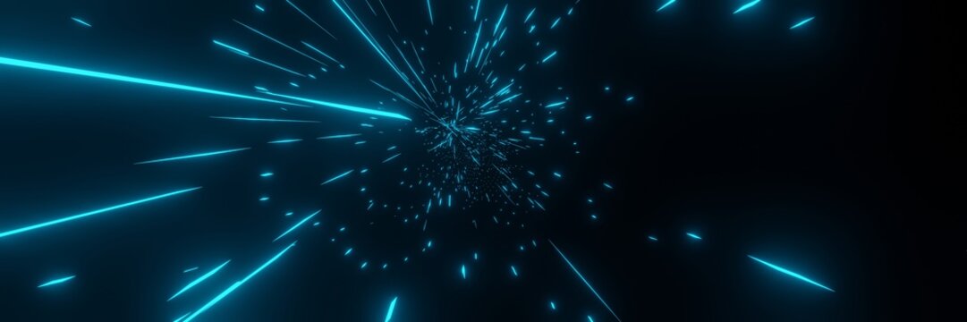 Abstract background Blue Particle explosion Shock waves panorama 3d rendering