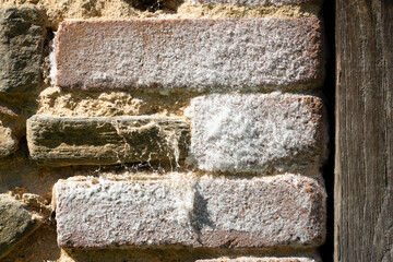 Detail of Saltpeter, Saltpetre or Potassium nitrate on a brick wall.