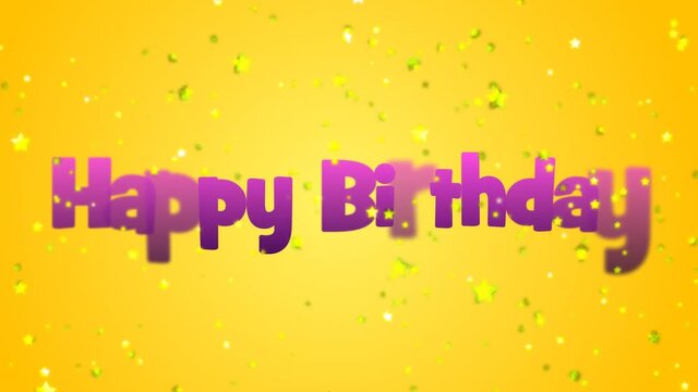 'Happy Birthday' purple text against yellow background, with falling yellow stars.