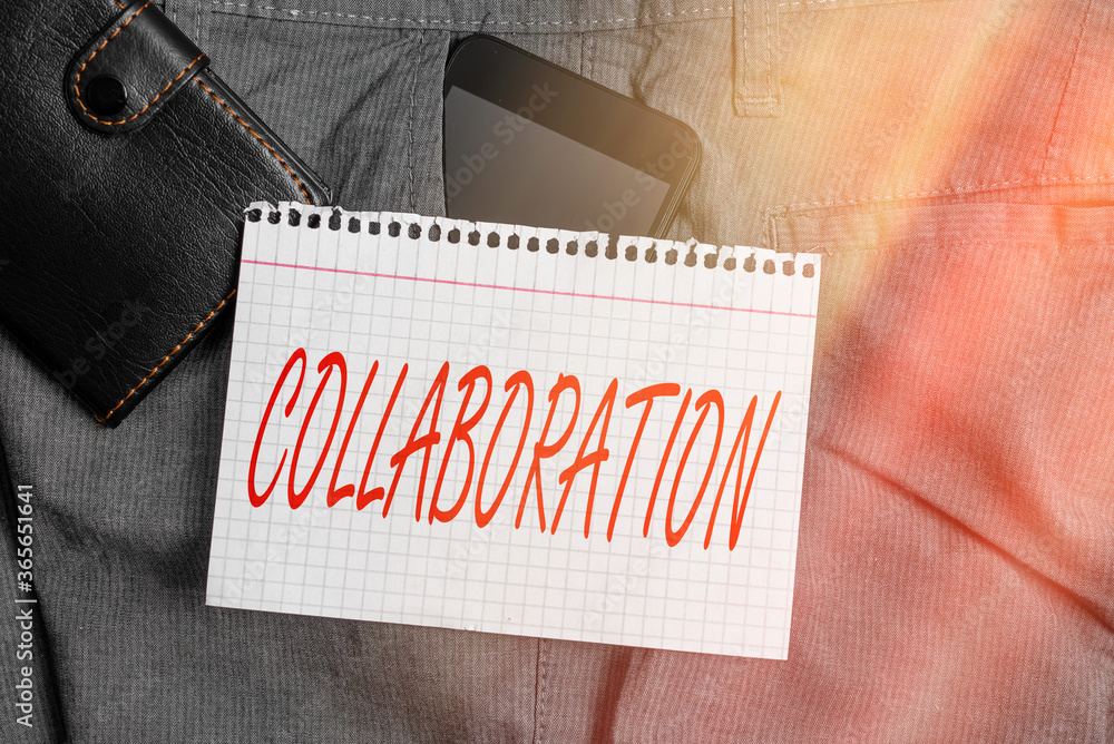 Poster handwriting text collaboration. conceptual photo process of two or more showing working together to 