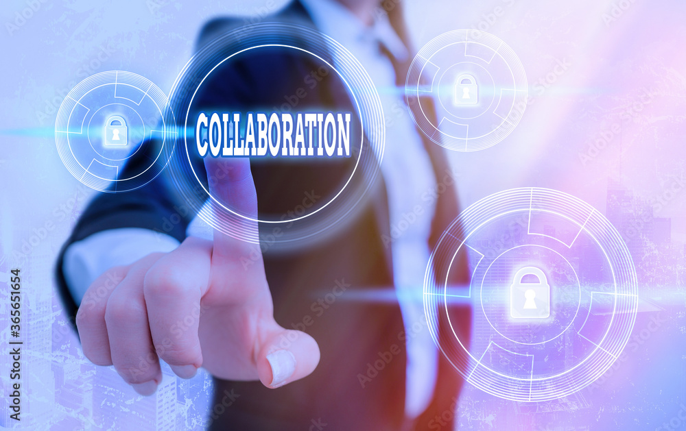 Poster text sign showing collaboration. business photo showcasing process of two or more showing working to