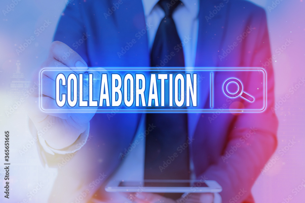 Poster writing note showing collaboration. business concept for process of two or more showing working toge