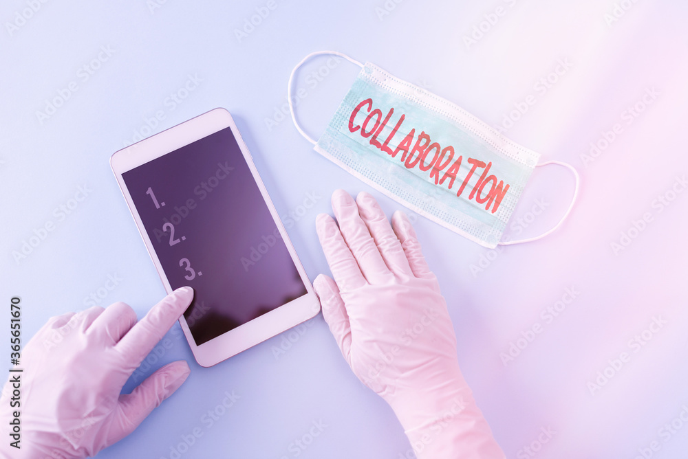Aufkleber writing note showing collaboration. business concept for process of two or more showing working toge