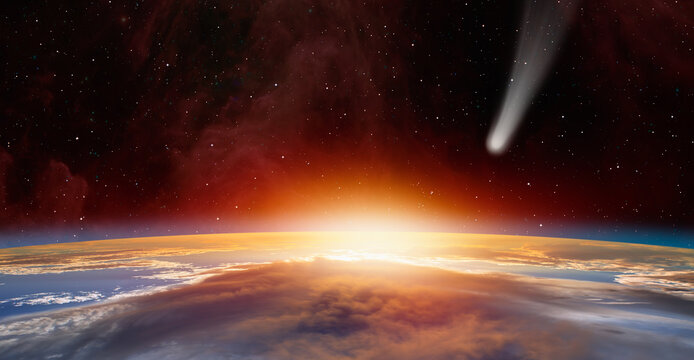 Neowise Comet on the space view from space planet earth in the background "Elements of this image furnished by NASA "