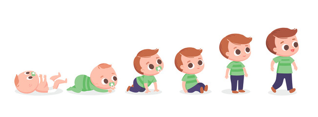 Baby boy walking. Developing process. Baby development timeline, baby growth stages. Crawling around and sitting. Set of baby characters.