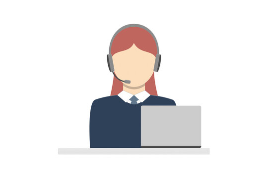 Illustration of a call center female agent. Headphone and computer.