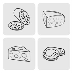 Sausage, steak and cheese set icon. Stencil food. Sketch vector stock illustration. EPS 10