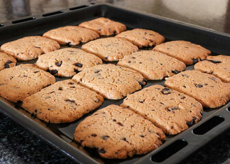 freshly baked chocolate chip cookies on a baking tray  