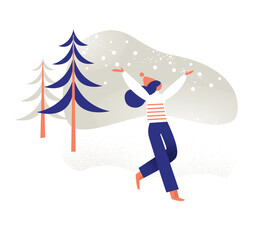 Merry Christmas card. X-Mas, xmas card. Girl runs with snow. Girl greeting snowfall, snowflakes and snowman. Girl with winter symbols.