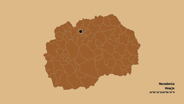 Centar Župa, municipality of Macedonia, with its capital, localized, outlined and zoomed with informative overlays on a solid patterned map in the Stereographic projection. Animation 3D