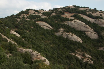 Landscape at the hiking track to Ermita de Sant Joan over Santa Maria de Montserrat Abbey, Catalonia, Spain, Europe
