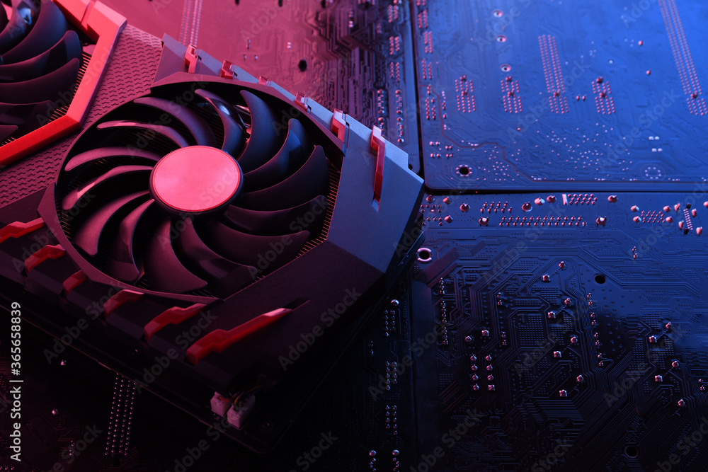Poster computer game graphics card, videocard with two coolers on circuit board ,motherboard background. cl