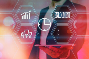 Word writing text Enrolment. Business photo showcasing the act of putting yourself on the official...