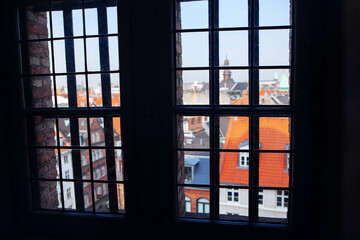 Looking to Central Copenhagen through the Window  . View of Old Danish Town 