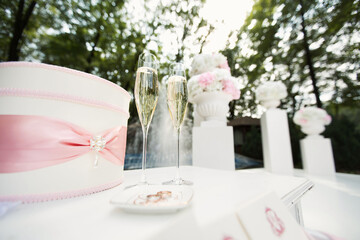 Wedding glasses with champagne on the table